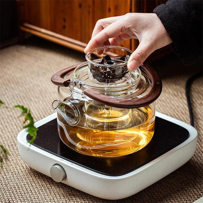 1100ml Magnetic Handle Glass Teapot with Tea Strainer Infuser Heat Resistant Borosilicate Tea Kettle