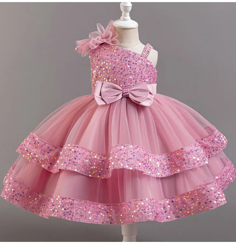 New Girls Sequin Tulle Cake Dress - Sparkling Layered Princess Gown for Baby‘s 1st Birthday & Banquet
