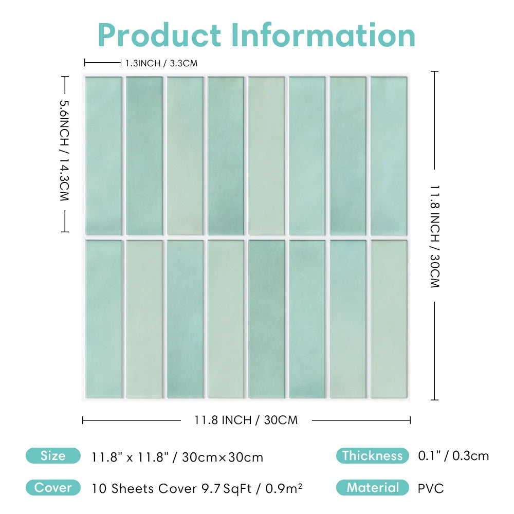 10pcs 3D Tile Stickers, Self-adhesive Green Tile Backsplashes for Kitchen, Bathroom Walls, Water and Mold Resistant, Matt, 30x30cm