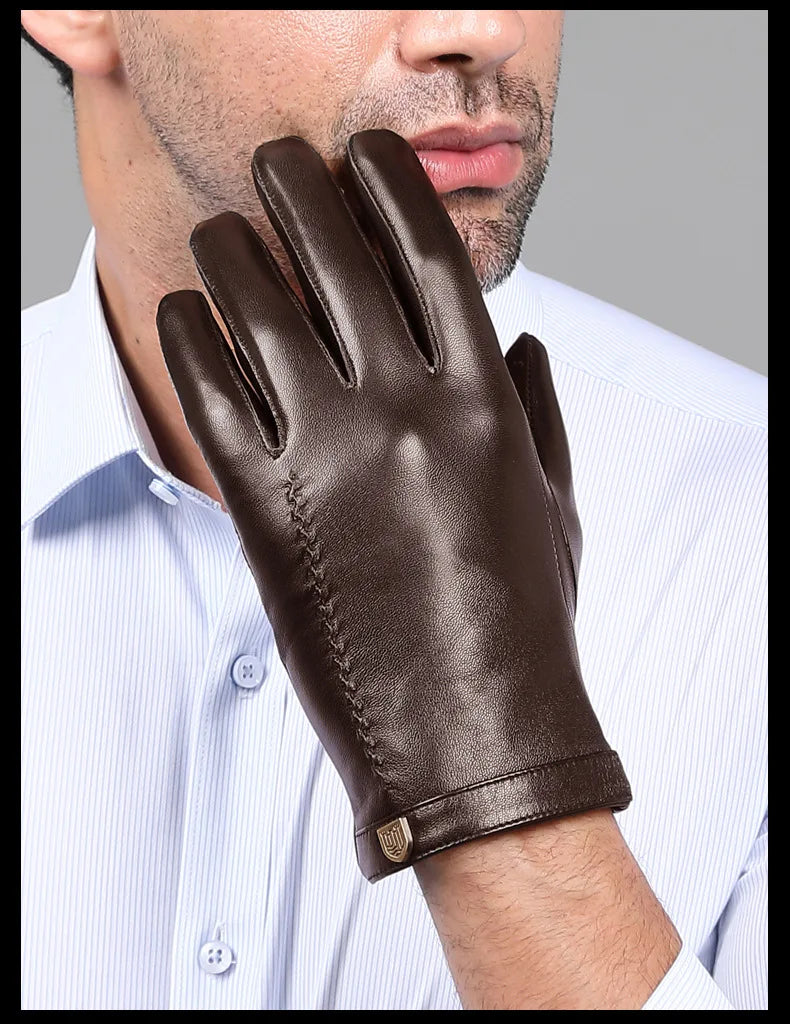 Man Genuine Leather Button Black Thick/Thin Gloves Male Commercial Business meeting MC Host Driving