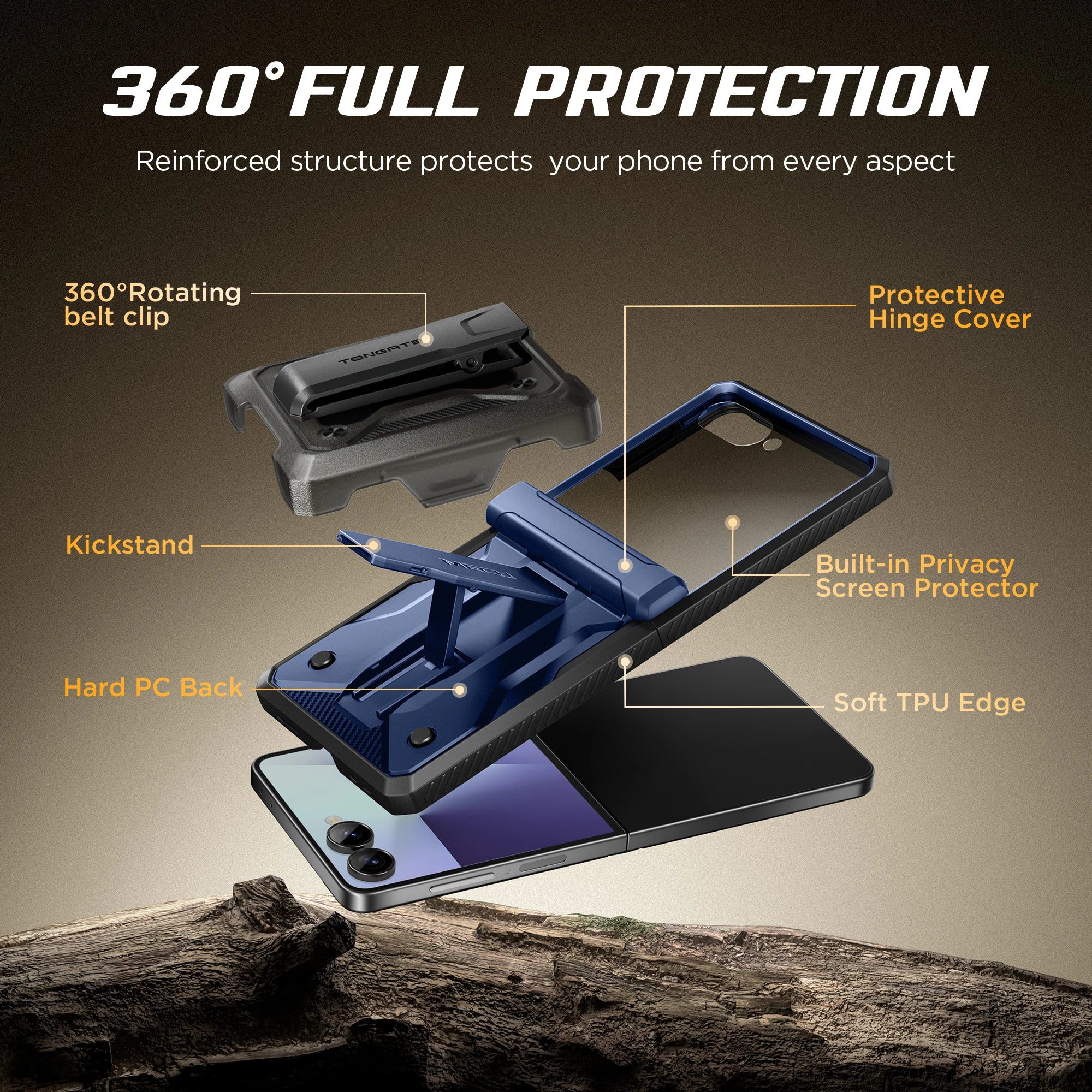 For Galaxy Z Flip 7 Case with Kickstand & 360° Rotatable Belt-Clip Built-in Privacy Screen Protector Hinge Protection Phone Case