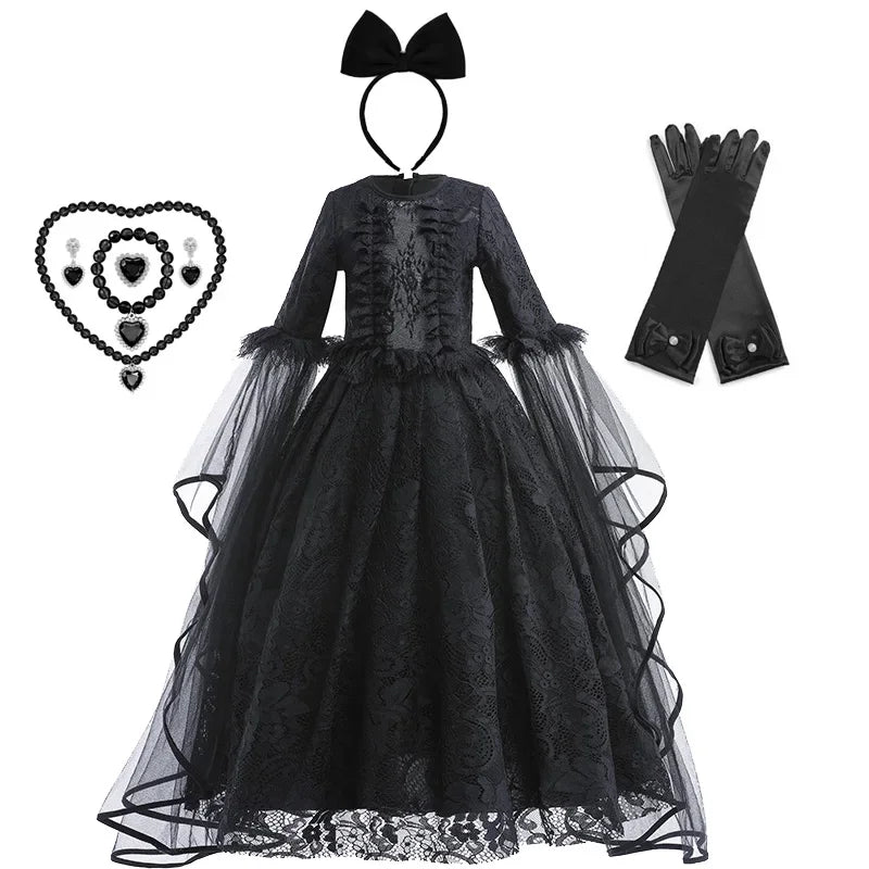Halloween Witch Dress For Girls Black Evil Queen Cosplay Costume Luxury Lace Ruffles Floor Length Outfits Kids Carnival Frocks