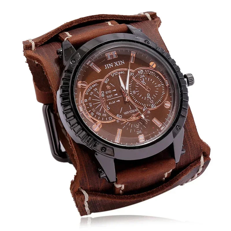 Men Watches Luxury Big Dial Quartz Lovers Watch Wide Genuine Leather Punk Bracelet Sport Wristwatch