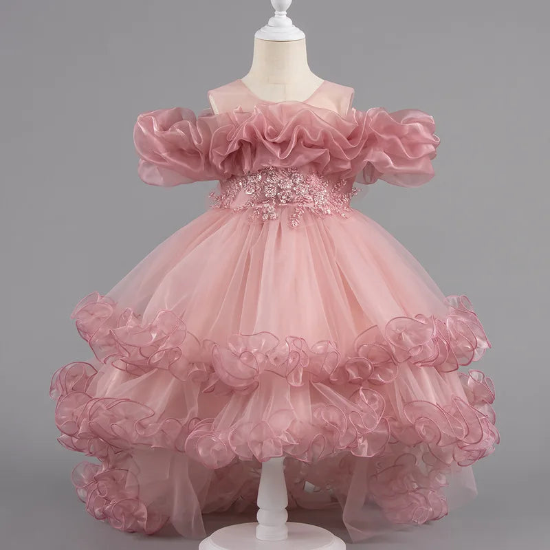 Luxury Off-Shoulder Girls' Dress - Convertible Tulle Ball Gown for Birthday Parties & On-Stage Events