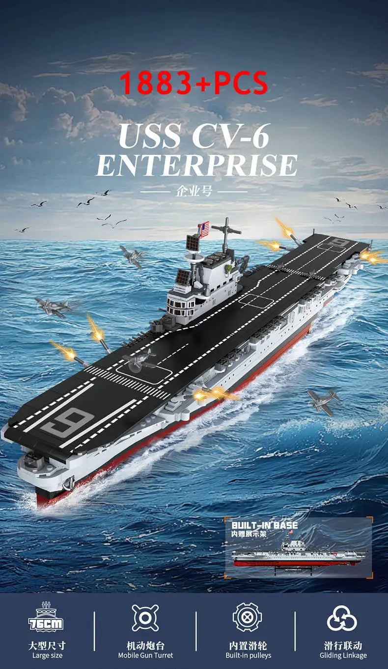 Military World War II Warship Battle Boat Building Blocks Sets The USS Enterprise CV-6 Bricks Toy For  Birthday Gift