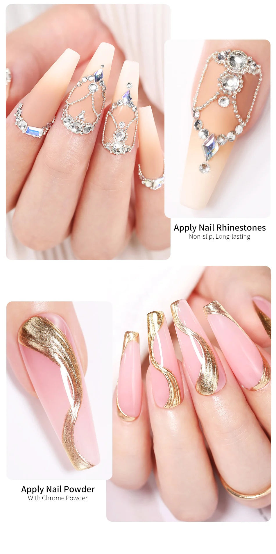 3PCS Rhinestones Glue Gel Set Mirror Nail Powder With Nail Liner Brush UV LED Transparent Adhesive Glue Gel