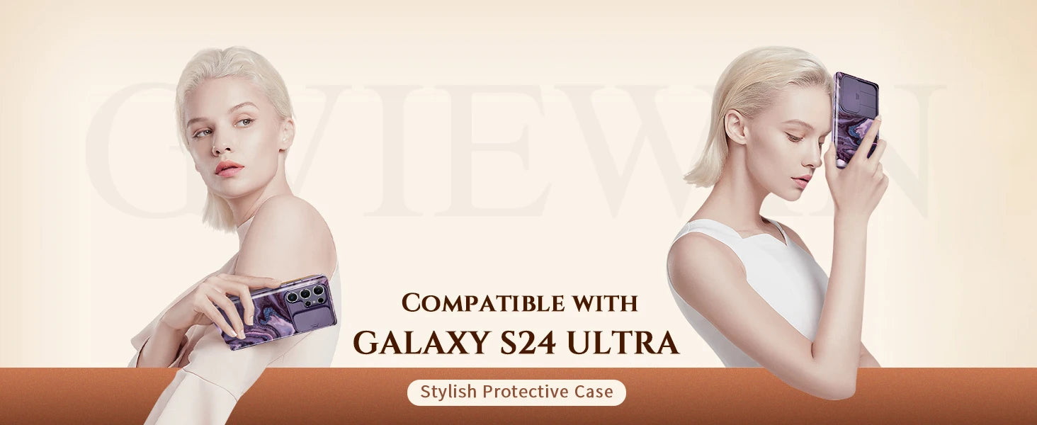 For Samsung Galaxy S24 Ultra Case with 2 Front Frames Slide Camera Lens Protection Heavy Duty Shockproof Marble Phone Case Cover