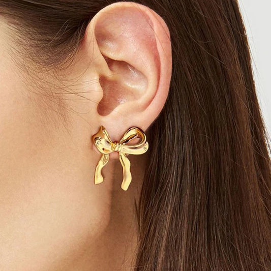 Classic Ribbon Bow Knot Earrings for Women Gold Plated Bowknot Piercing Ear Studs