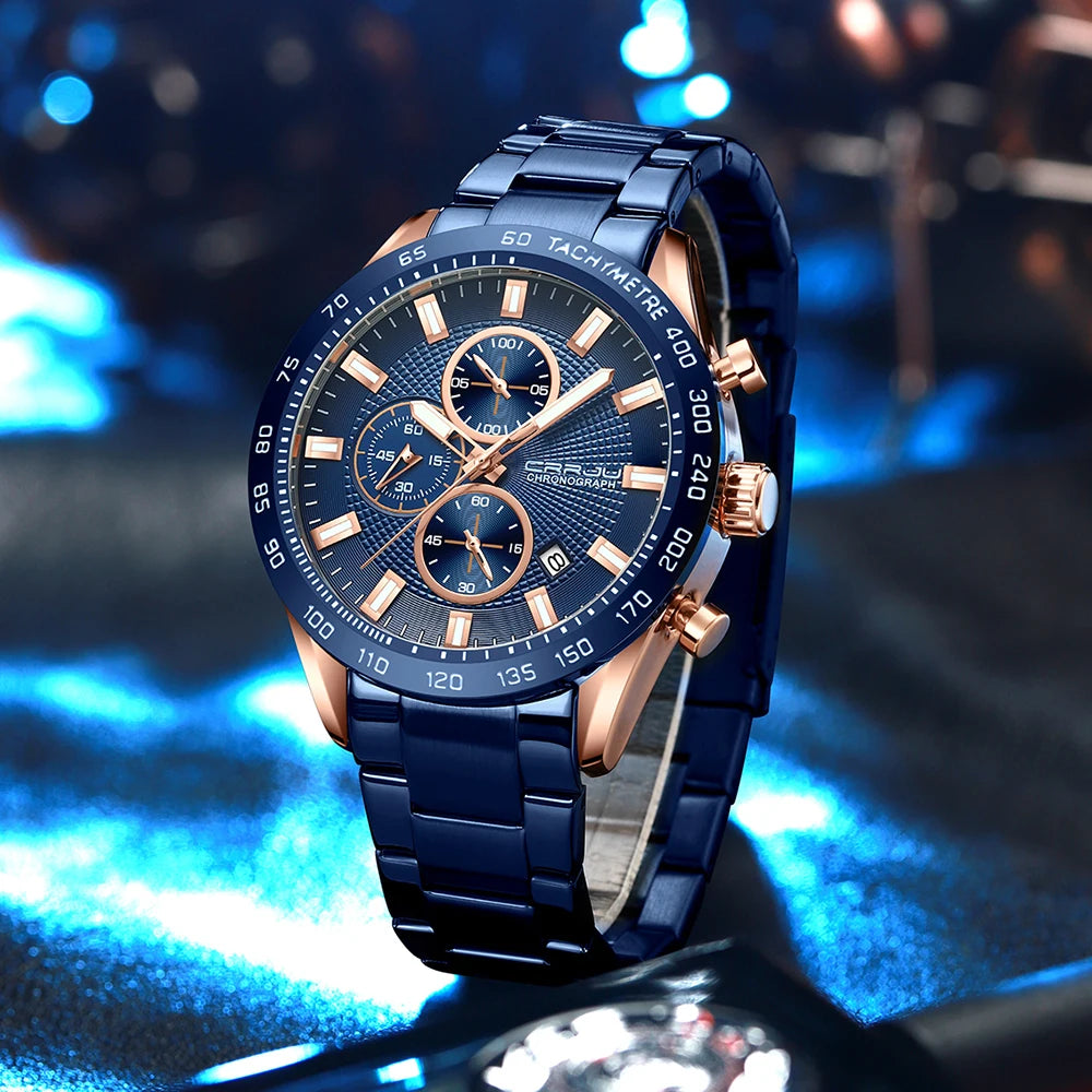 Men Watch Fashion Sports Chronograph Wristwatches Stainless Steel Strap with Auto Date