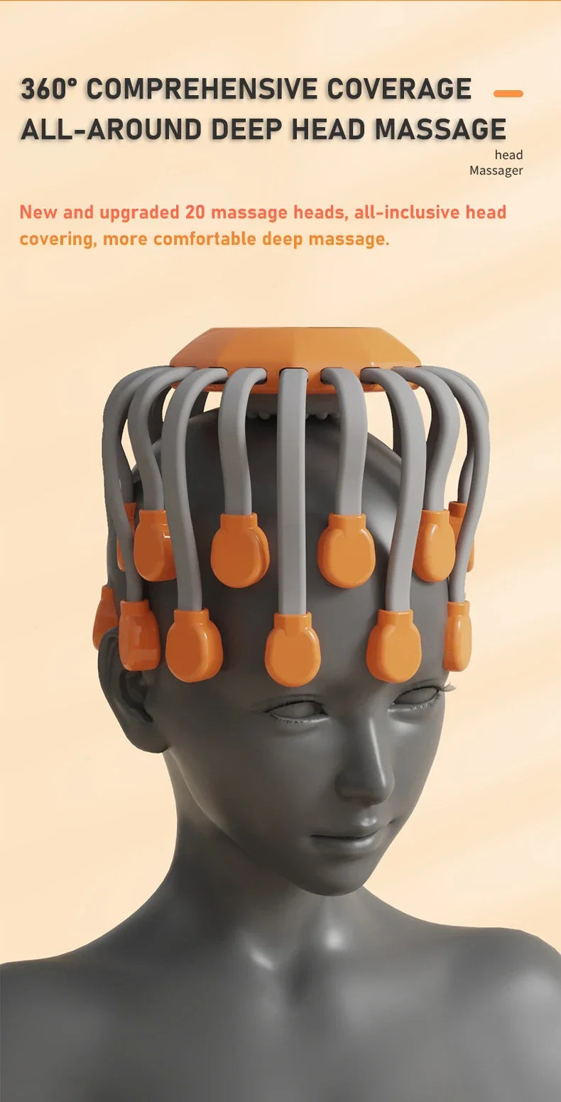 20Massage Heads Orange Scalp Head Massager Red Light Octopus Scratcher For Relaxation Stress Migraine