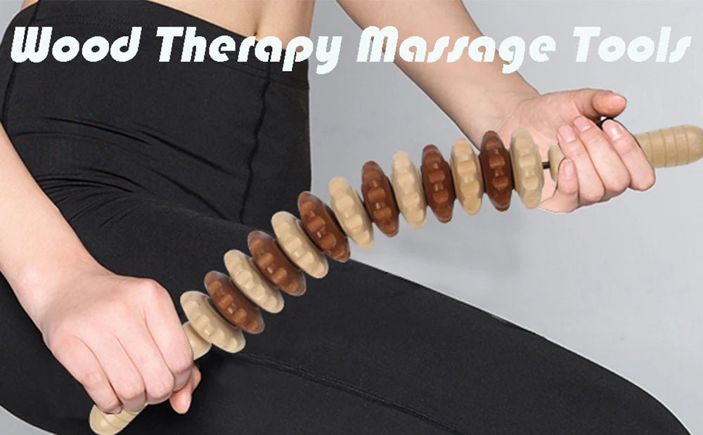 2 PCS Wood Therapy Massage Tools, Portable Manual Wooden Massage Wood Back Massage Roller Rope, Wood Massager Handheld Roller