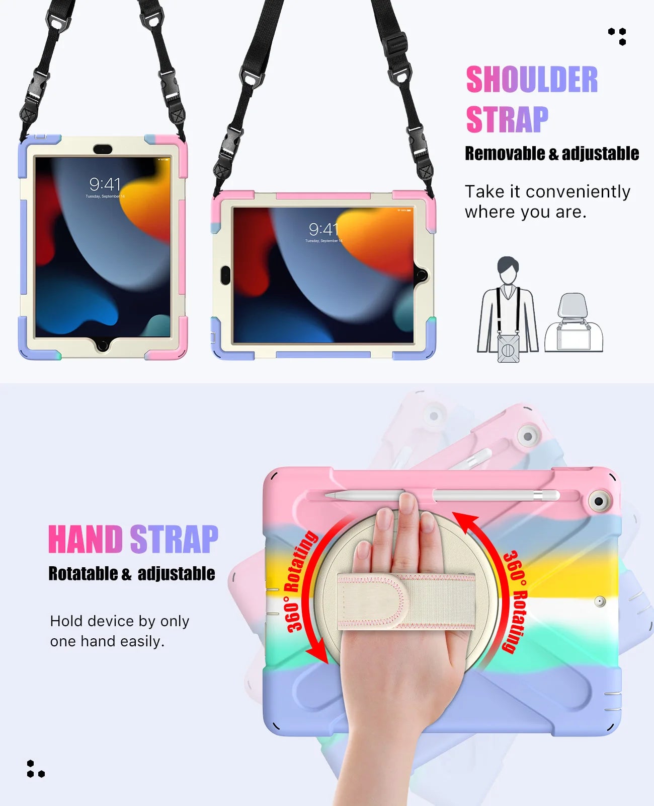 Case For New iPad 8th Generation 2020/7th Gen iPad 10.2 Case,Shockproof Heavy Duty Case,360 Degree Rotate Stand,Hand Strap