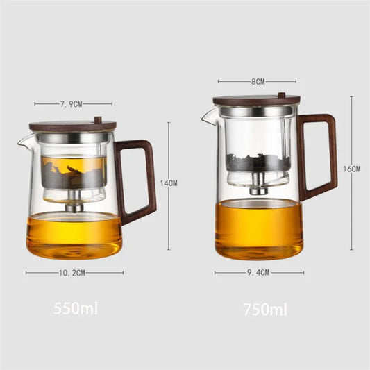 Water Separation Glass Teapot with One Click Tea Infuser and Wood Handle
