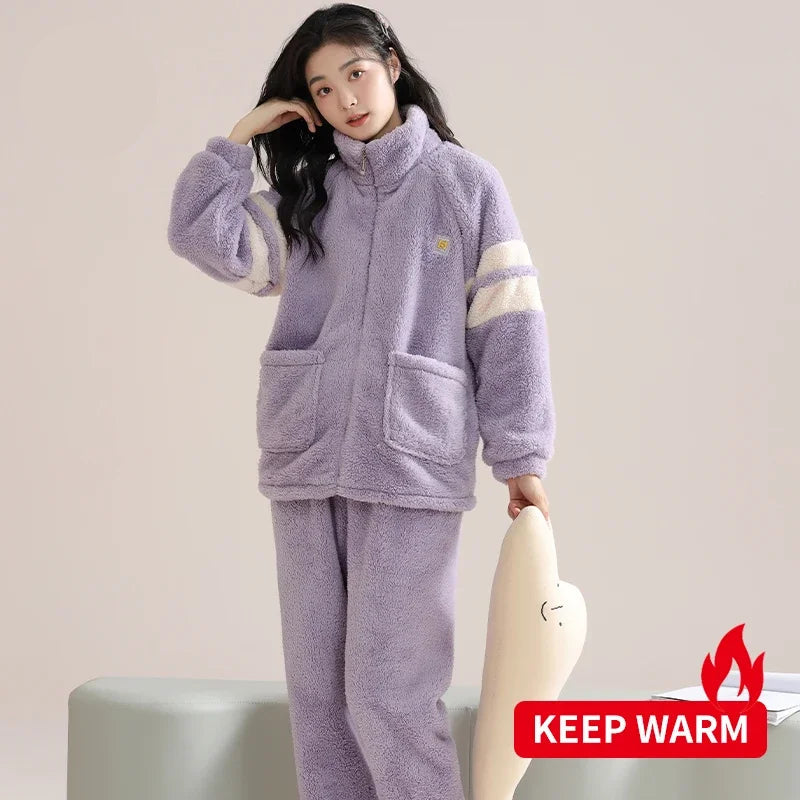 Women’s Winter Flannel Pajama Set – Thick, Soft Coral Fleece with Zipper & Oversized Fit