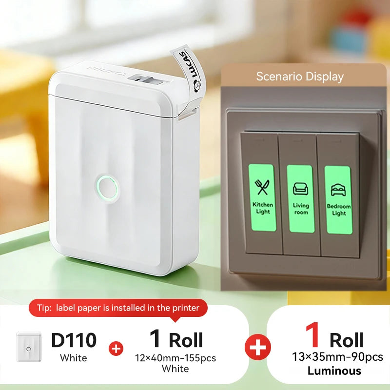 D110 Mini Portable Thermal Label Printer, Bluetooth Smart Label Maker with Adhesive Tape, Inkless 203 DPI for Home, Office & School