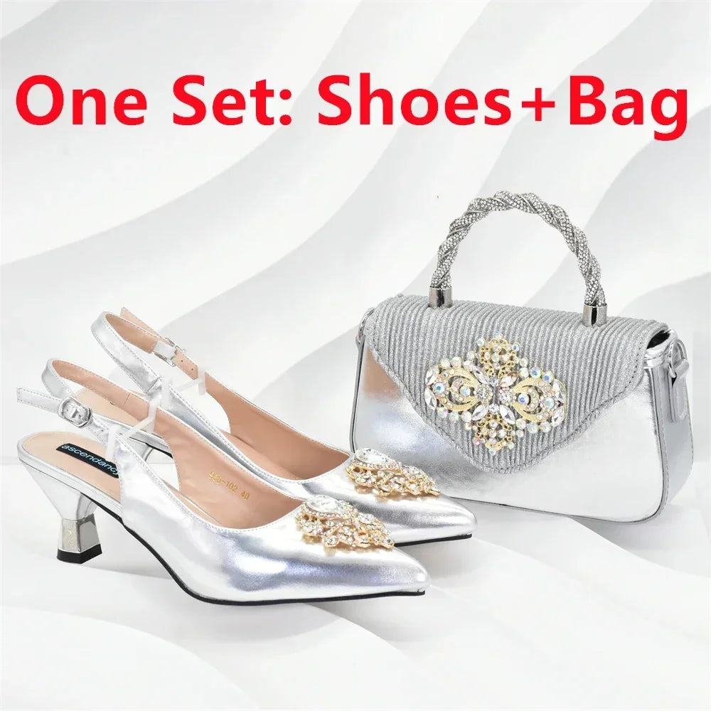 Latest Party Shoes and Bags To Match for Nigerian Luxury Pointed Toe Shoes with Rhinestones Party Ladies Shoes and Bag Set
