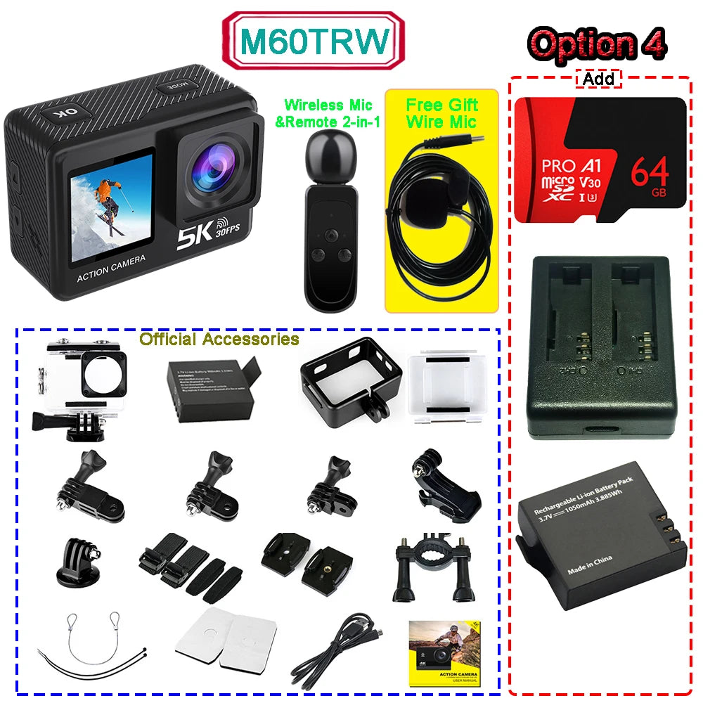 5K 4K60FPS Action Camera 50MP Dual Screen Touch Display WiFi EIS Waterproof Sports Camera with Wireless Microphone Support