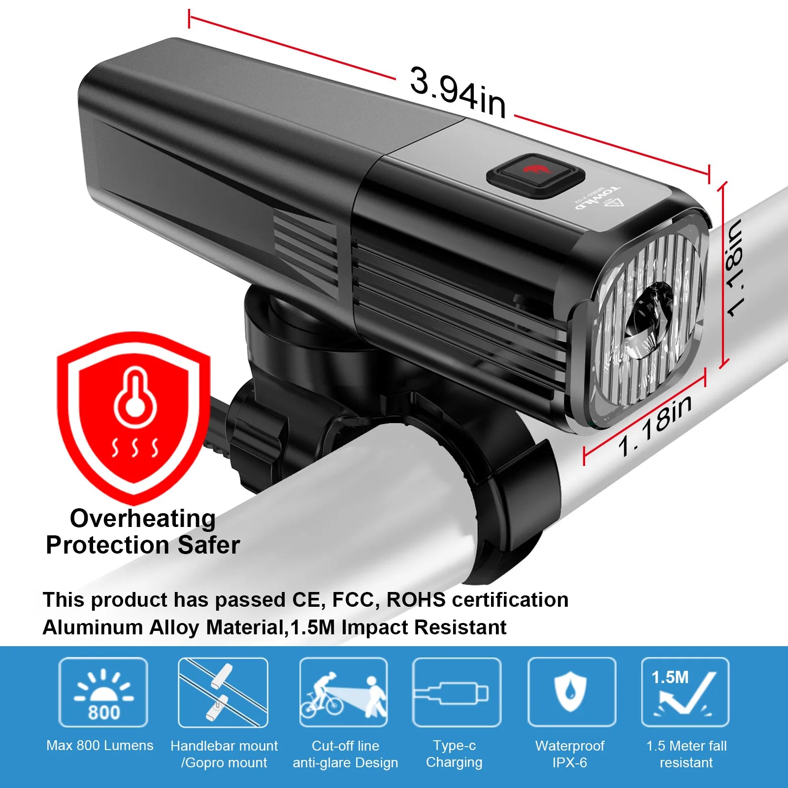 BR800 Bike Light with Tail Light USB Rechargeable LED MTB Front Lamp Headlight Aluminum Flashlight Bicycle Light