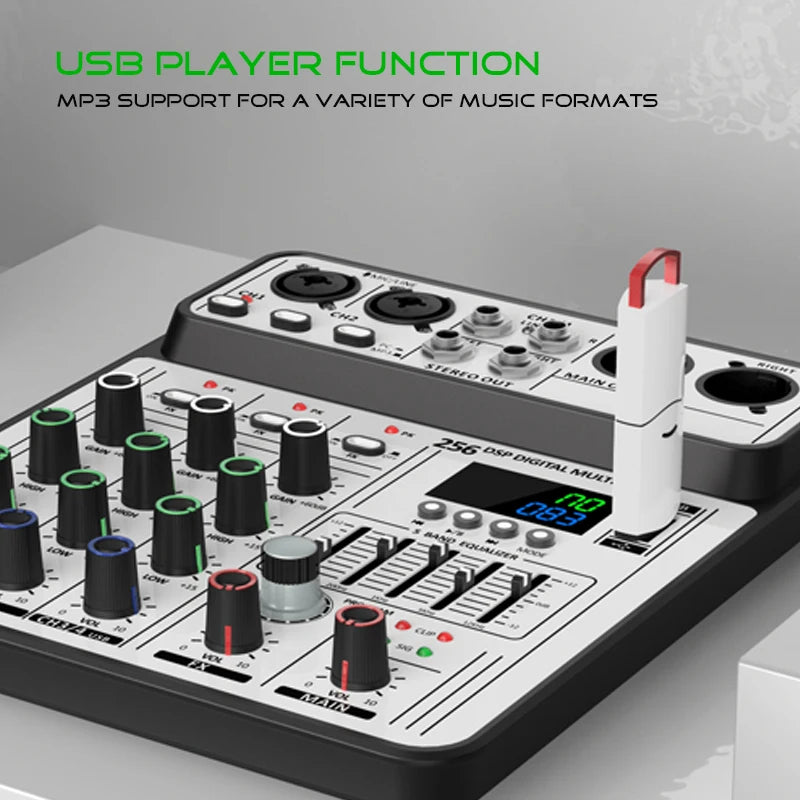 Professional 4-Channel 256DSP Audio Mixer 48V Phantom Power USB Studio Karaoke Bluetooth DJ Console Mixer