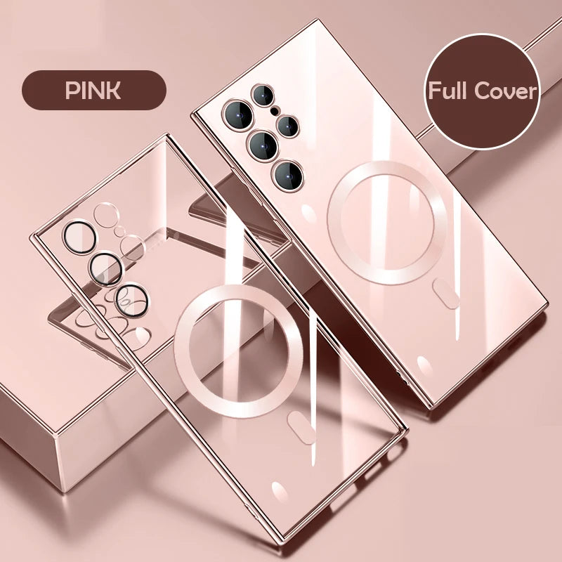 Plating Shockproof For Magsafe  Wireless Charging Case For Samsung S24 S23 Ultra S22 S21 Plus Note 20 Transparent Cover