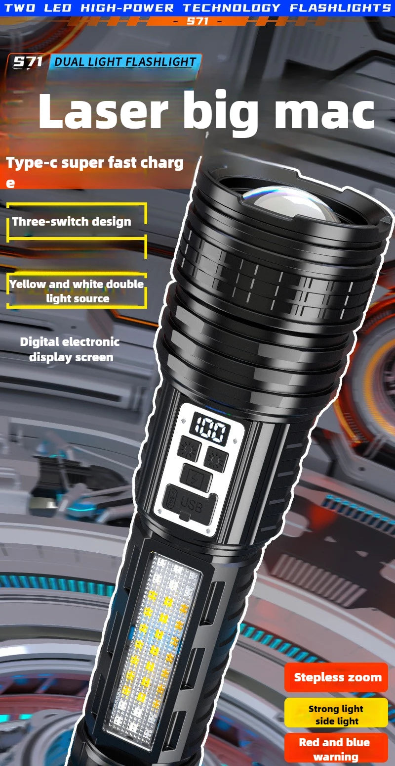 100000LM Dual Laser Flashlight White & Yellow Beam Rechargeable Zoom Tactical Torch with COB Side Light