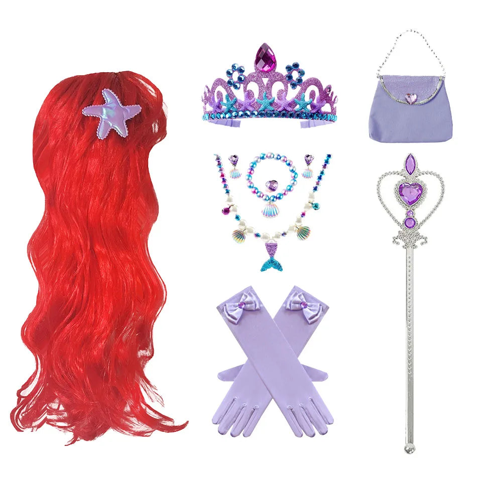 Ariel Princess Accessories Gloves Wand Crown Jewelry Set Mermaid Wig Necklace Braid for Princess Dress Clothing Cosplay Dress UP