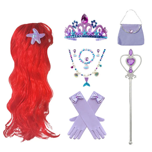 Ariel Princess Accessories Gloves Wand Crown Jewelry Set Mermaid Wig Necklace Braid for Princess Dress Clothing Cosplay Dress UP