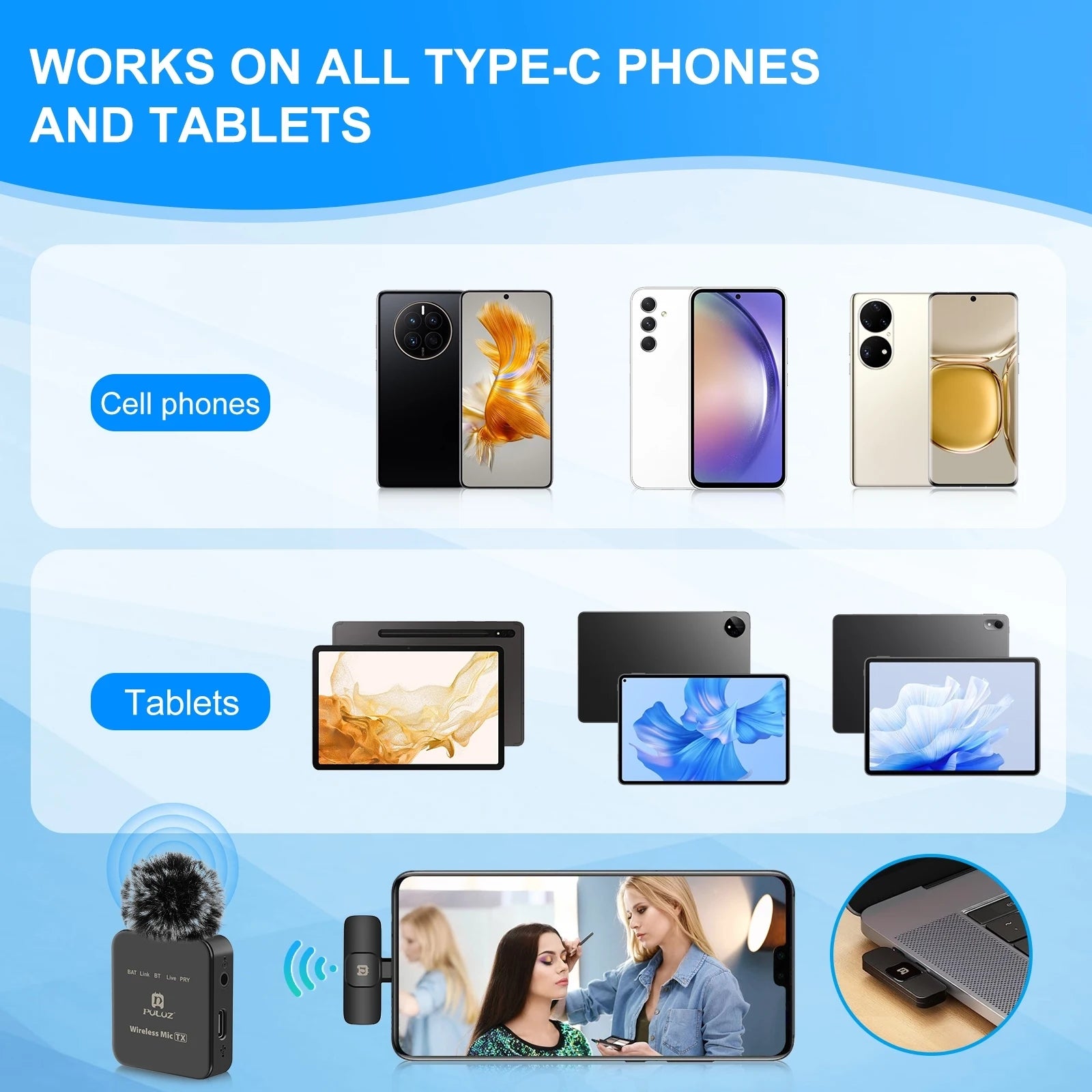 Wireless Lavalier Microphone for iPhone / iPad / Type-C Phone with 8-Pin / Type-C Receiver Microphone (Choose the Plug)