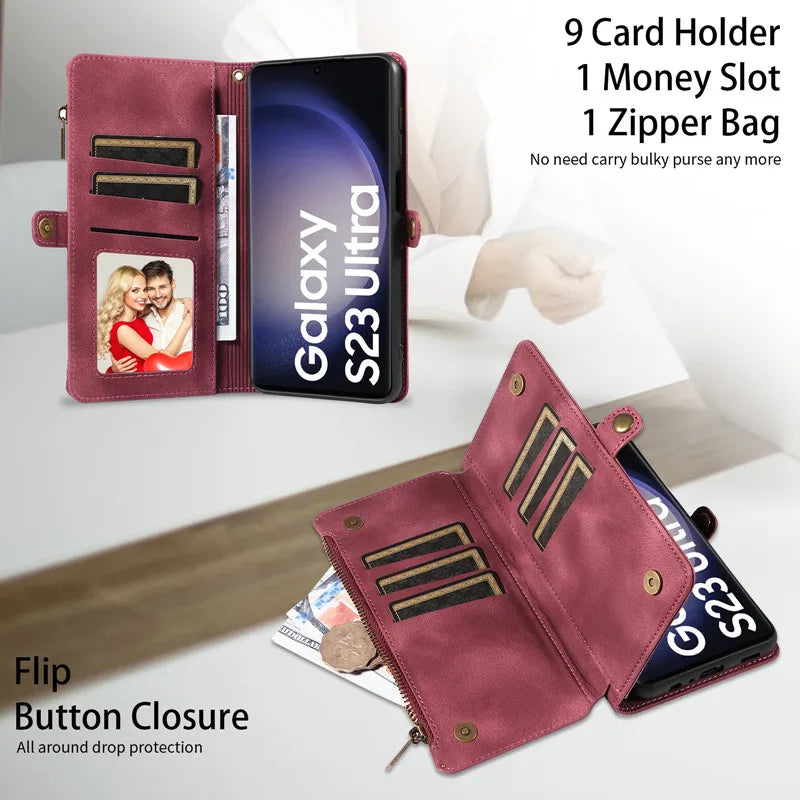 Luxury Leather Flip Wallet Case with Lanyard for Samsung Galaxy S26 / S25 / S24 / S23 Ultra & Plus – Magnetic Full Coverage Phone Bag Cover