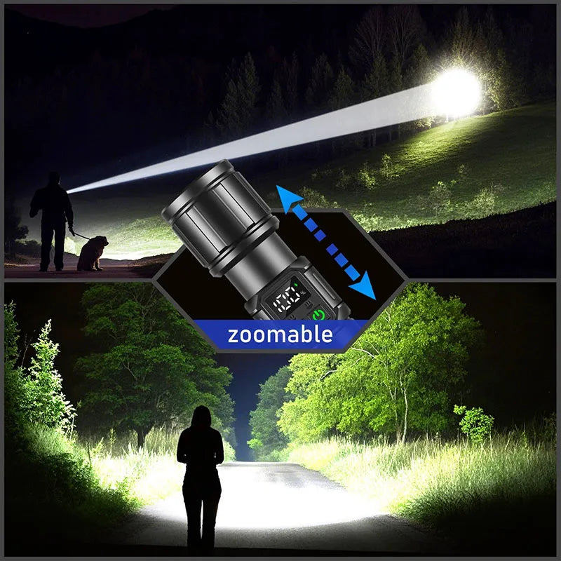 Rechargeable LED Flashlight With Magnetic Base Zoom And Power Display