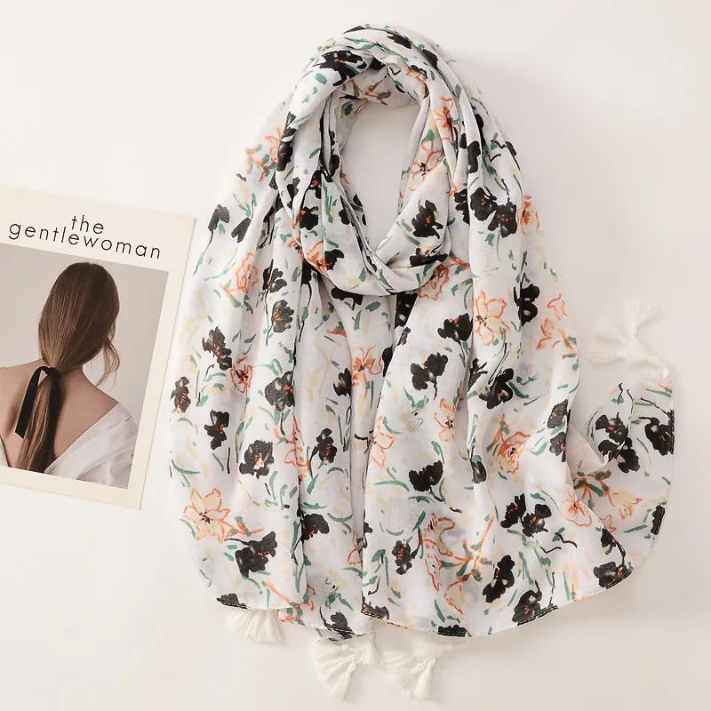 Beige Coffee Scarf Luxury Thin Women Scarves Spring Floral Hijab Veils Soft Cotton Shawl Wrap Tassel Viscose Muslim Woman Hijab