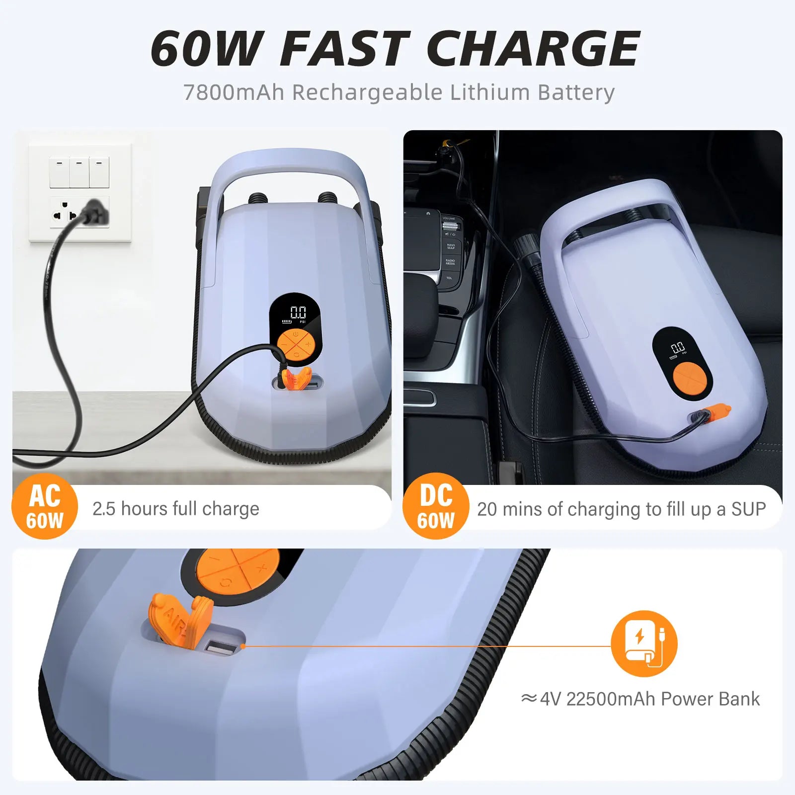 12V DC Sup Pump Rechargeable Electric Inflatable Deflatable Inflator for Surfing Paddle Board Boat Kayak