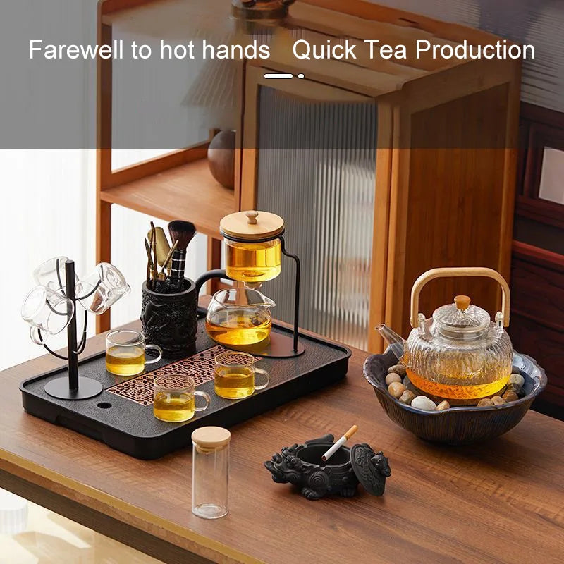 Automatic Glass Teapot Set, Magnetic Diversion, Rotating, Lazy Kungfu, Drinking, 1 Set