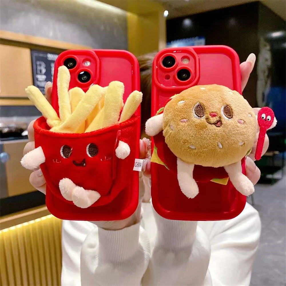 Cute 3D Cartoon Burger Fries Holder Case For iPhone 15 14 13 Pro Max Plus Funny Lovely Korea Silicone Soft Back Cover