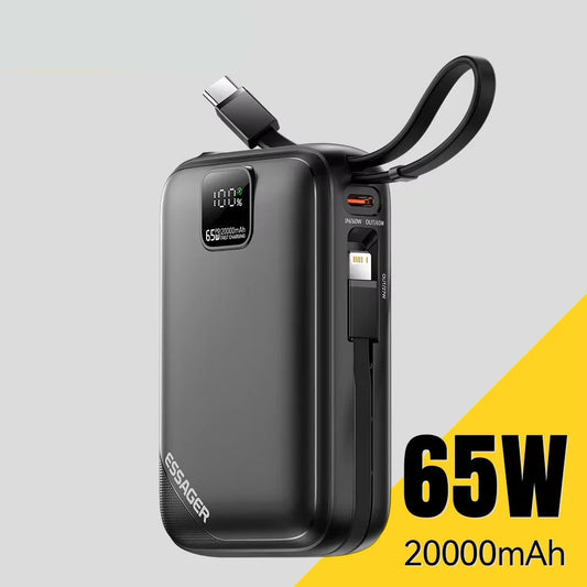 20000mAh 65W Power Bank PD Fast Charging USB-C Portable Charger with Built-in Cables & Digital Display
