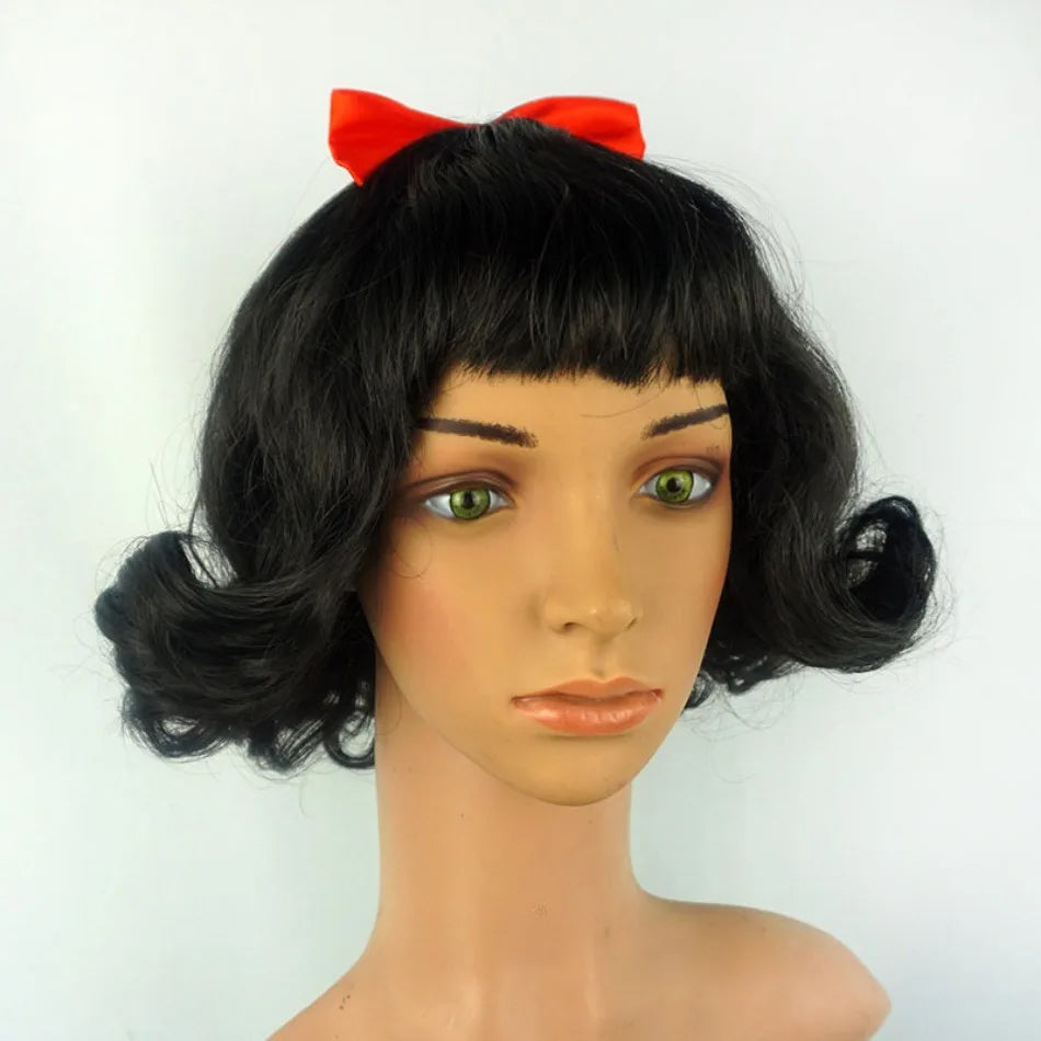 Cute Girls Snow White Dress Up Wig Girls Princess Cosplay Short Hair Black Curly Hair Wig with Red Bow  Role Play Props