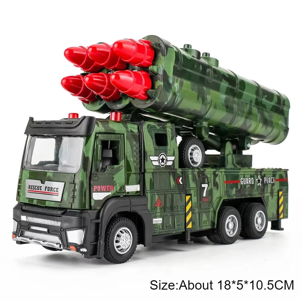 1:32 Ladder Truck Water Tanker Military Missile Rocket Launcher Trucks Model Toy Car Metal Diecast Sound Light Models Boys Gifts