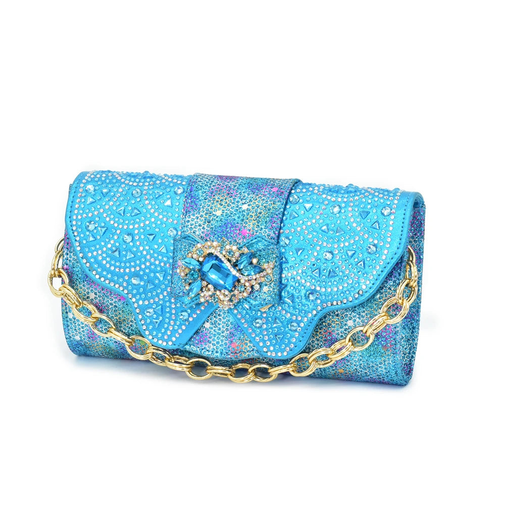 Women Low Heels Sandals Shinning Material with Rhinestone Italian Design Sky Blue Color Peep Toe Shoes and Bags Set