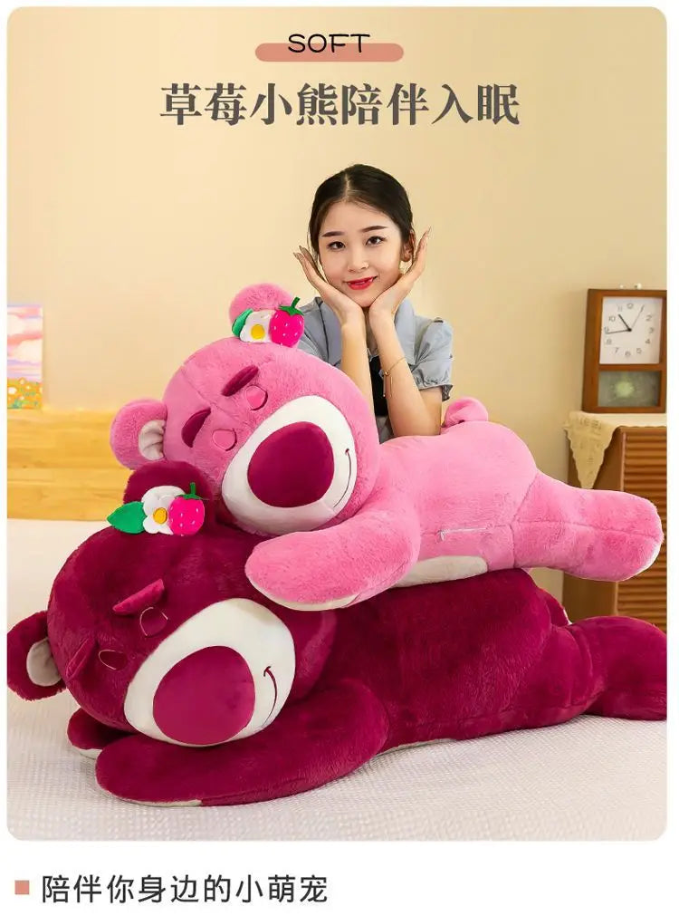 Kawaii Strawberry Bear Plush Stuffed Animal Lying Down Pillow