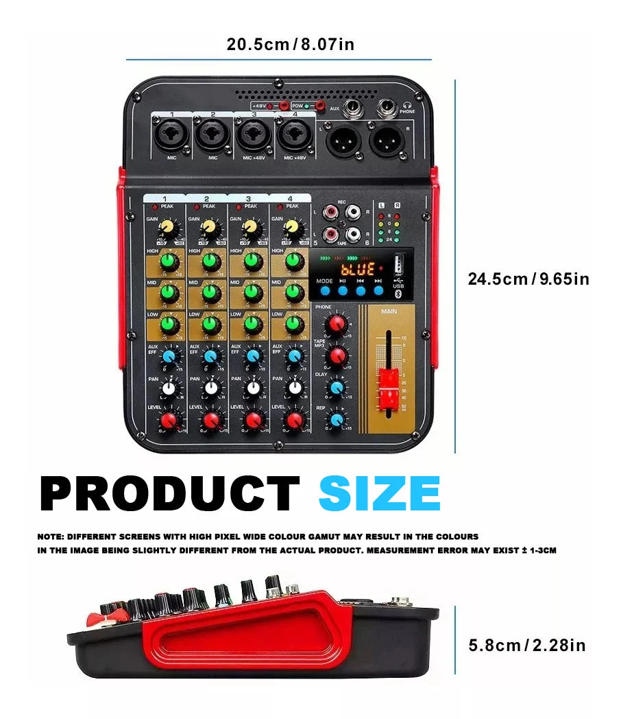 6 Channel Audio Mixer with Bluetooth Reverb and 48V Phantom Power