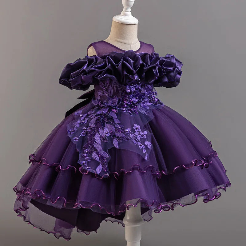 Luxury Off-Shoulder Gown with Train for Girls  Tulle Dress for Fashion Walk Show & Pageants