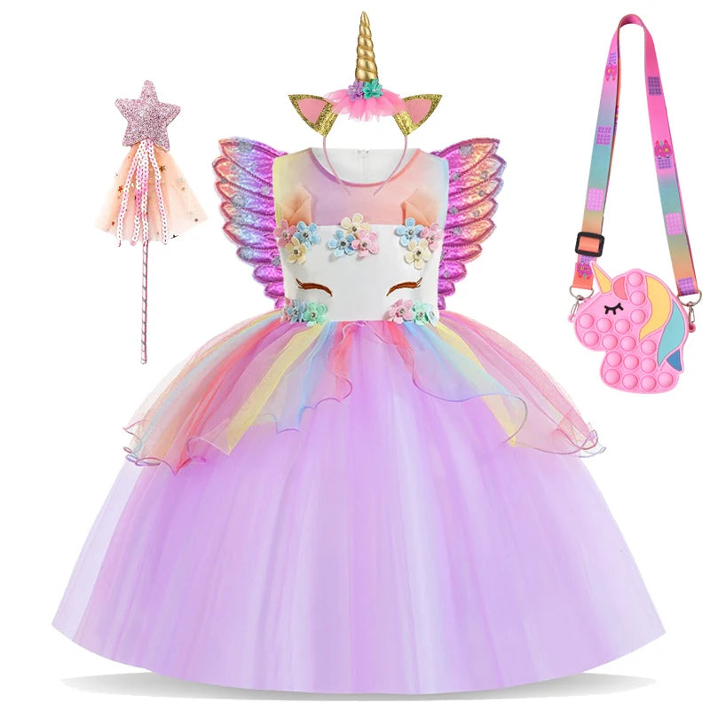 Rainbow Unicorn Princess Dress with Bow and Tulle Skirt Birthday Party Costume