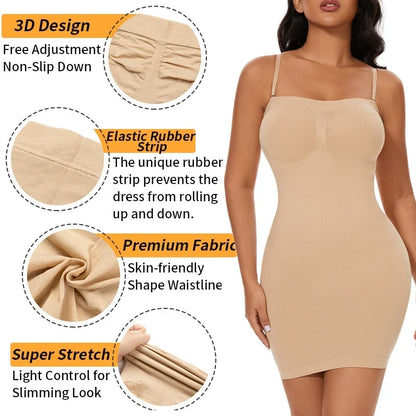 Full Slip Shapewear Women Dress Off Shoulder Bodycon Strapless Underdress Smooth Compression Body Shaper Slimming Waist