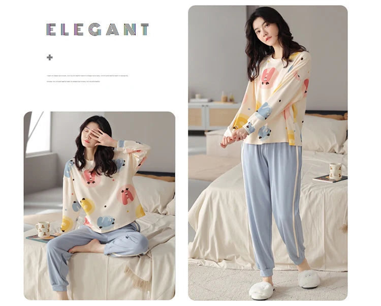 Women’s Cute Lazy Style Cotton Pajama Set – Soft, Loose Long Sleeves & Pants