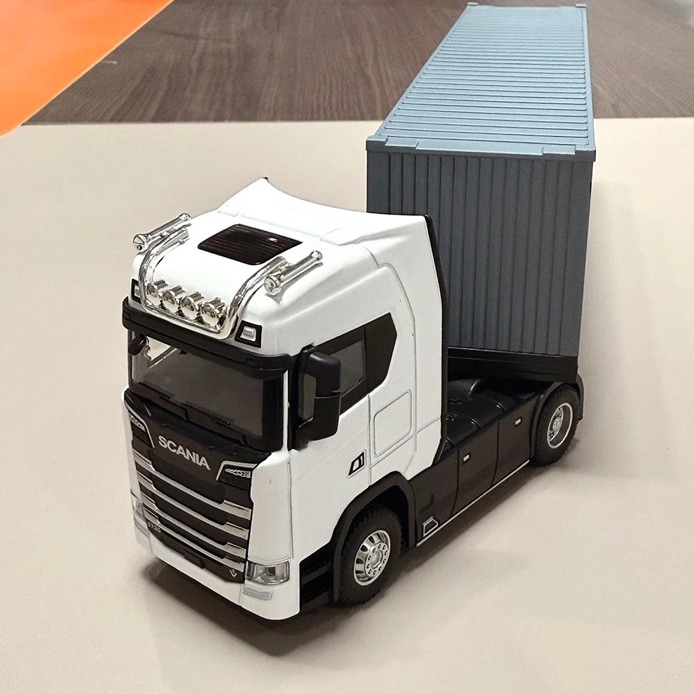 1:50 American Trailer Transport Vehicle Diecast Alloy Front End Container Truck Models Toys Sound Light Cars for Boys Xmas Gifts