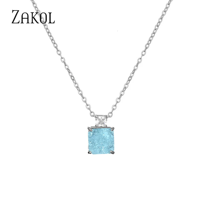 Light Blue Square Cubic Zirconia Pendant Necklaces