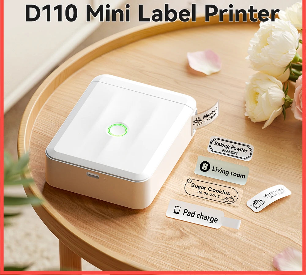 D110 Mini Thermal Label Printer, Bluetooth Portable Smart Label Maker 12–15mm, Inkless Sticker Printer for Home Office Kitchen School