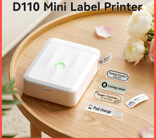 D110 Mini Thermal Label Printer, Bluetooth Portable Smart Label Maker 12–15mm, Inkless Sticker Printer for Home Office Kitchen School