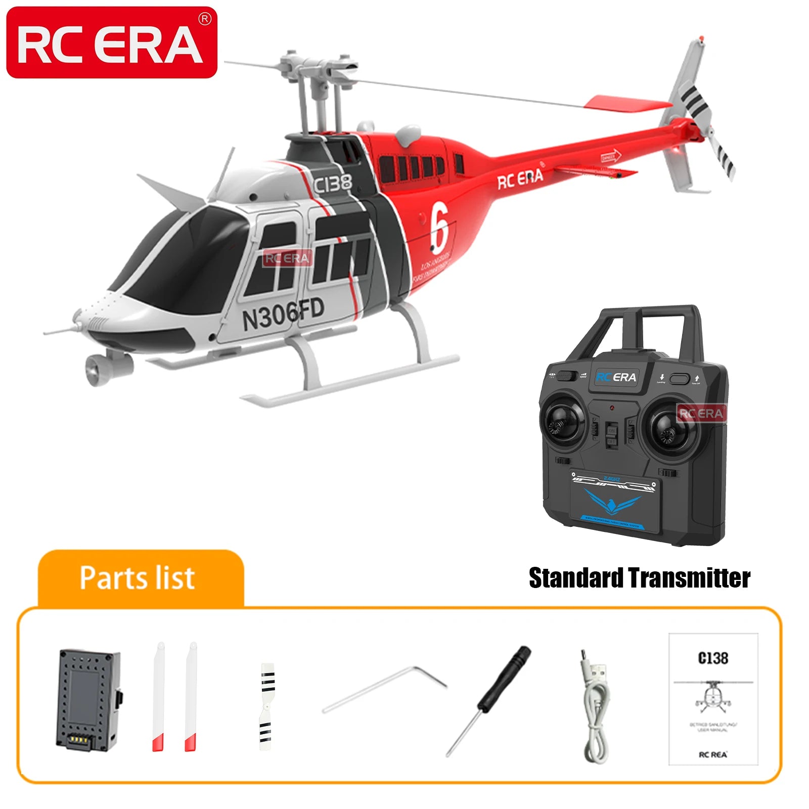 RC ERA C138 BELL 206 Jet Ranger 6-axis Gyro Stabilized Altitude Hold 4ch RC Helicopter Aircraft Hobby for Adults -RTF