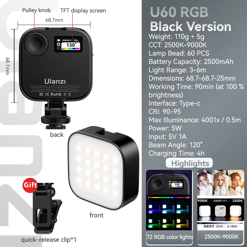 U60 Mini Pocket LED Video Lamp – RGB 2500-9000K Rechargeable Photography Light with LCD Screen & Cold Shoe Mount